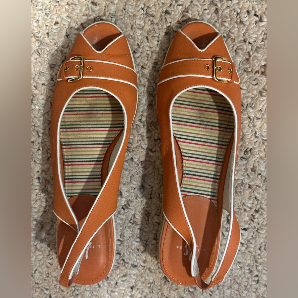 Life Stride Margin Orange White Trim Peep Toe Wedge Sandals Size 9.5M